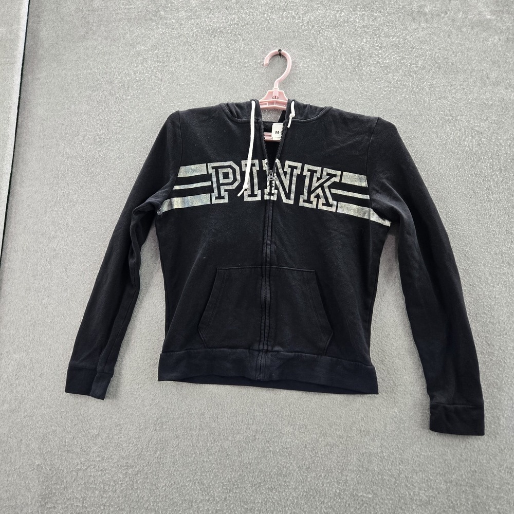 Victoria's Secret PINK Women Hoodie M Black‎ Graphic Print Logo Activewear